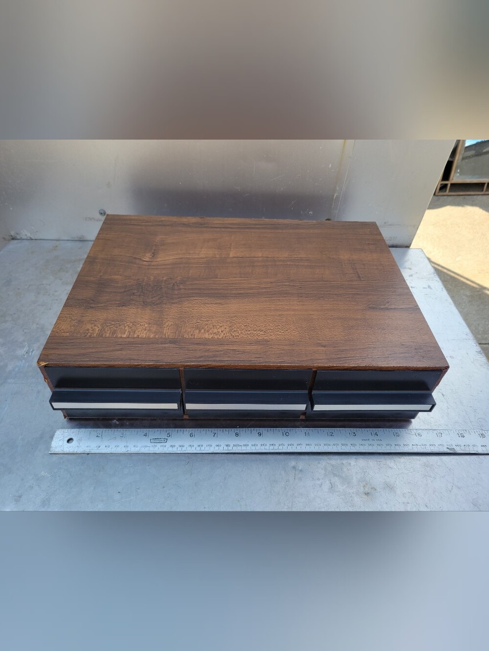 Vintage Wood Grain 3-Drawer Cassette Tape Storage Case 36 cassettes.